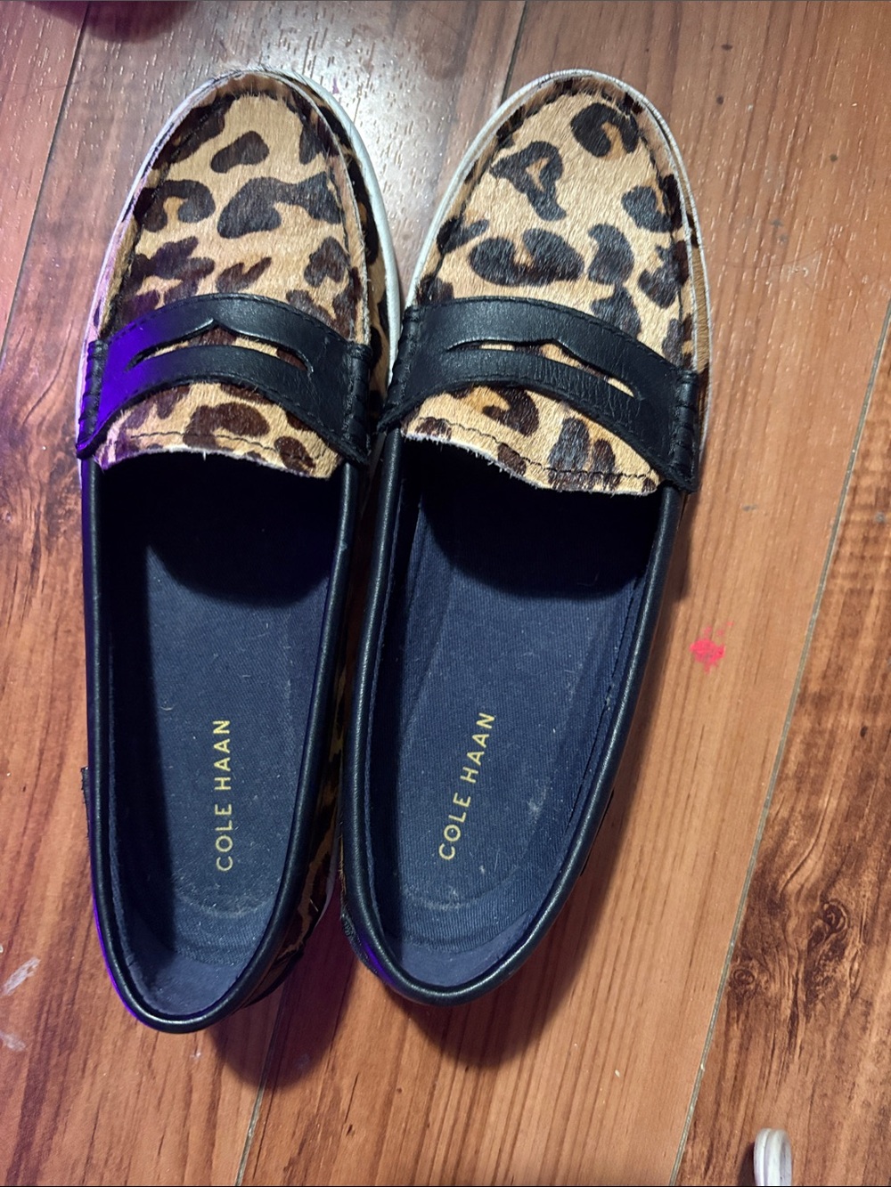Cole Haan Leopard Haircalf Penny Loafers in Tan and Black Size 6